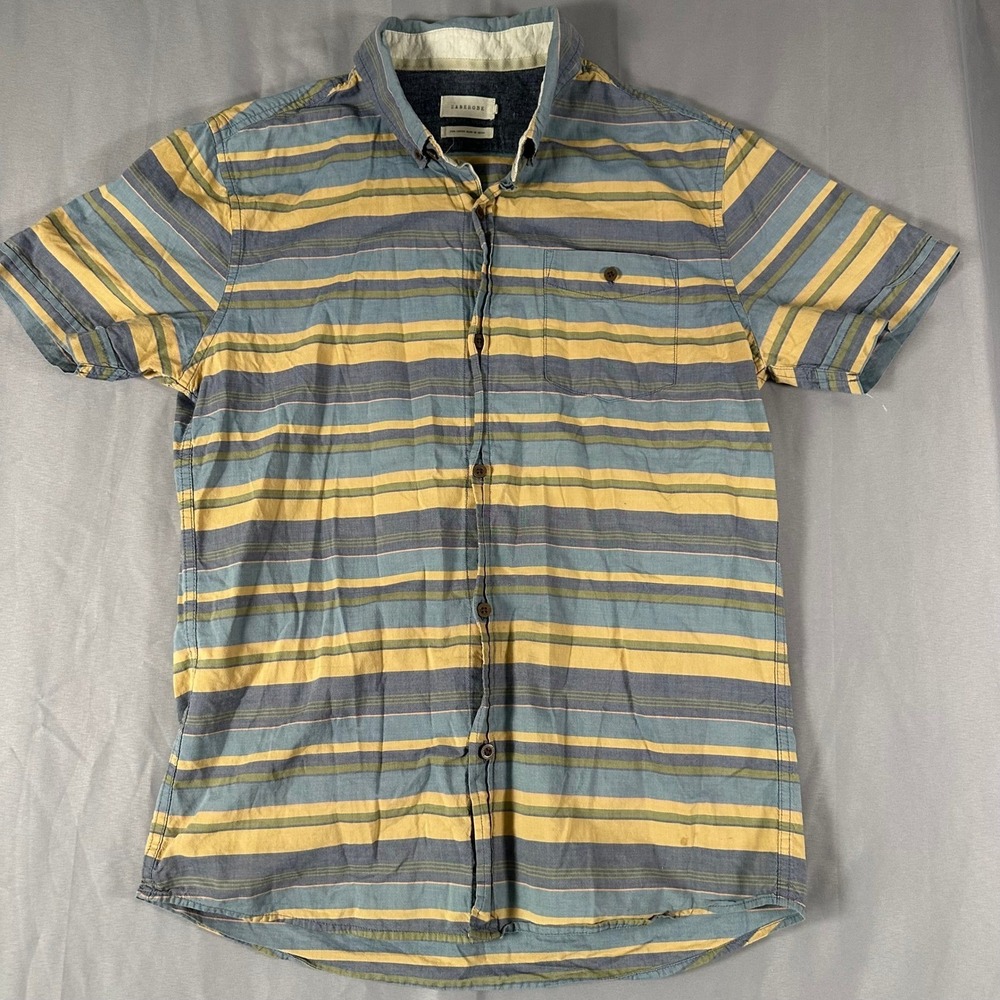 Zanerobe‎ Mens Large Blue Yellow Striped Short Sleeve Button Down Cotton Shirt